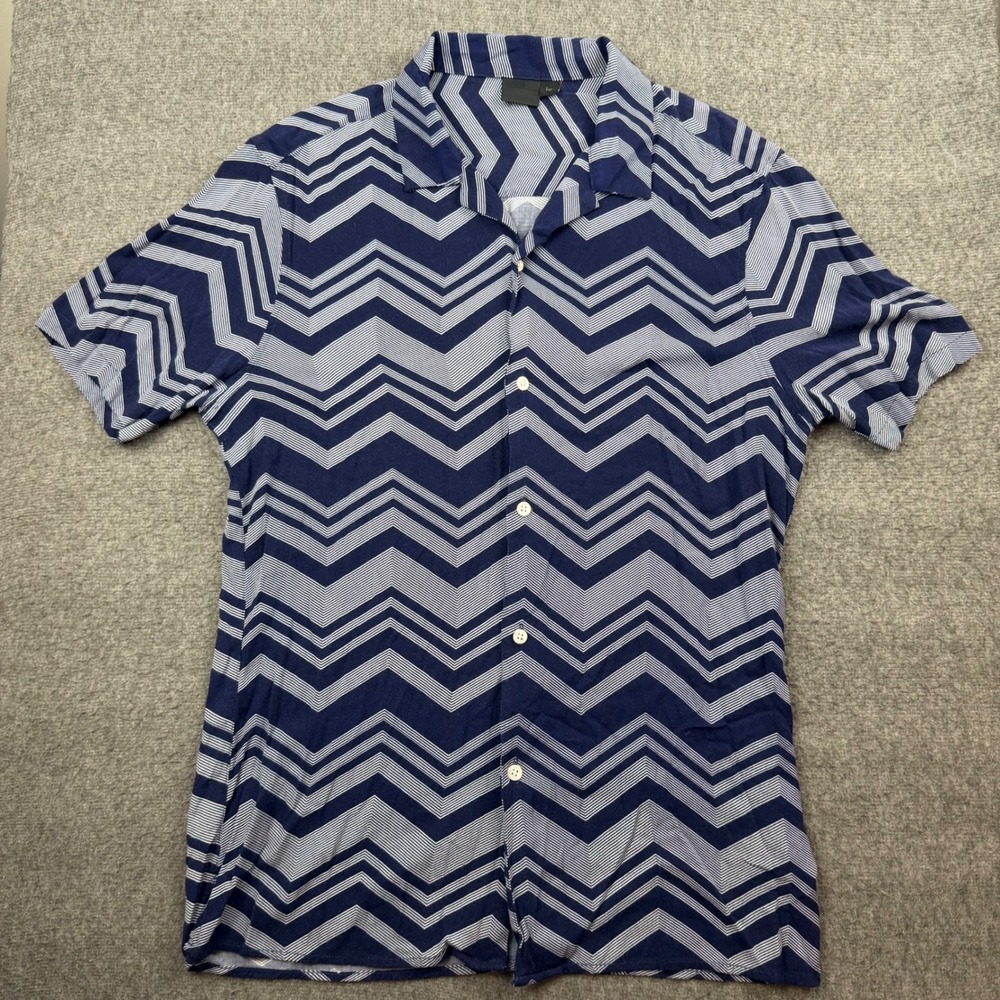 ASOS Button Down Shirt Men's L Long Blue Chevron Zigzag Short Sleeve Camp Collar